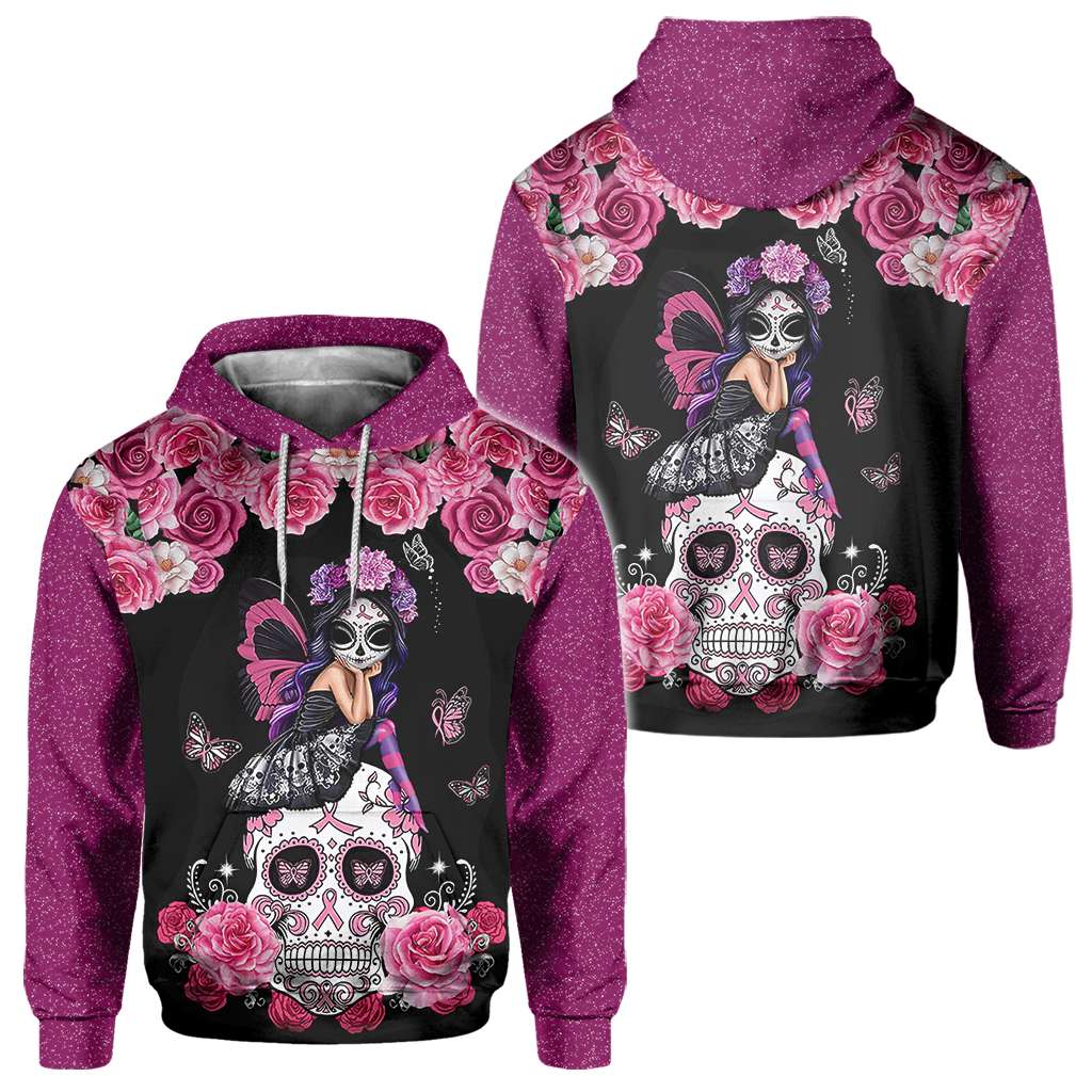 T-shirt et sweat à capuche « Tête de mort mexicaine et ruban rose » – Sensibilisation au cancer du sein (0822)