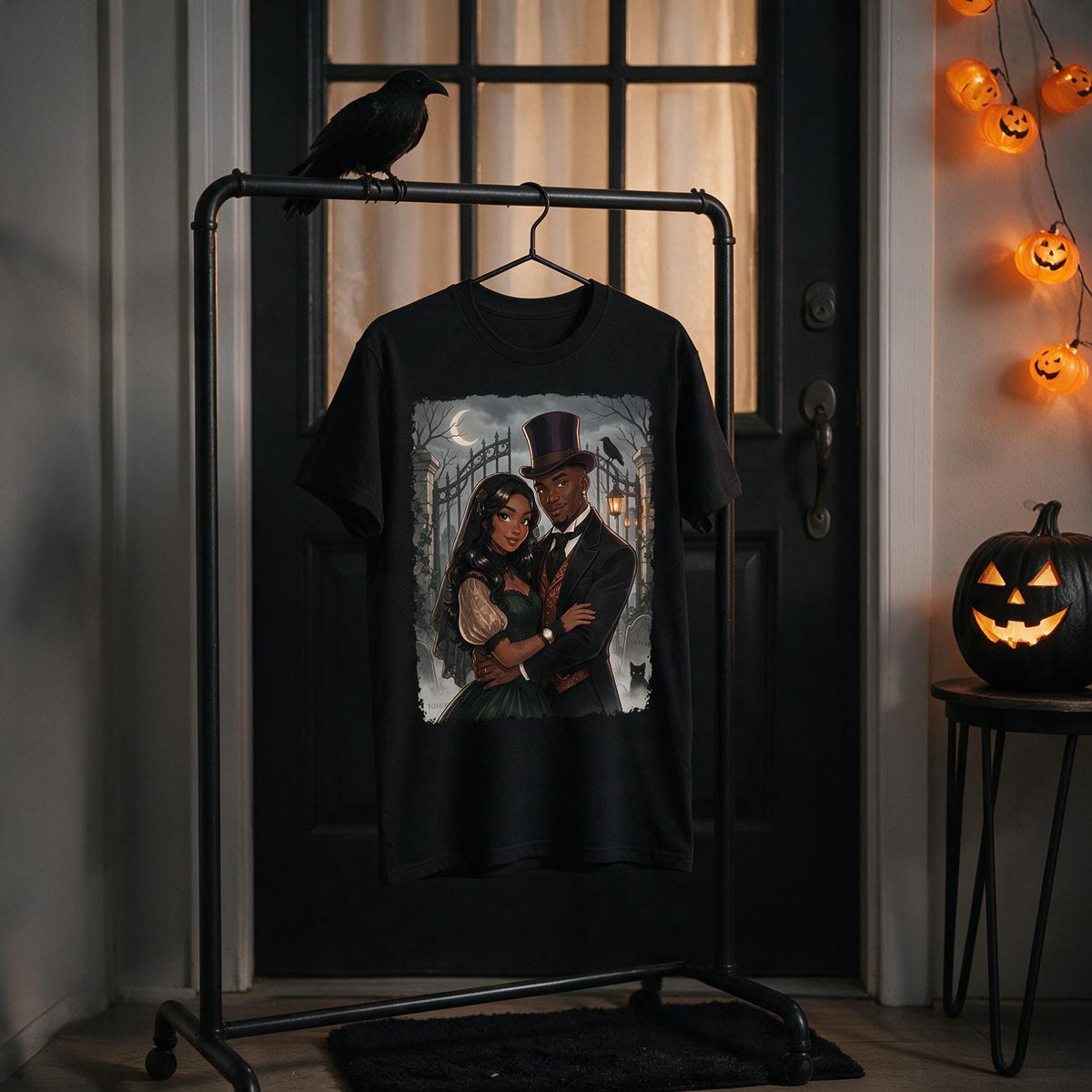 T-shirt Portrait Couple Gothique Personnalisé pour Halloween, Cadeau d'Anniversaire