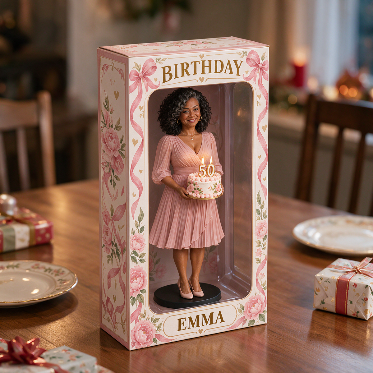 Personalized Custom Photo Pink Ribbon Figurine Display Box - 50th Birthday Gift for Women