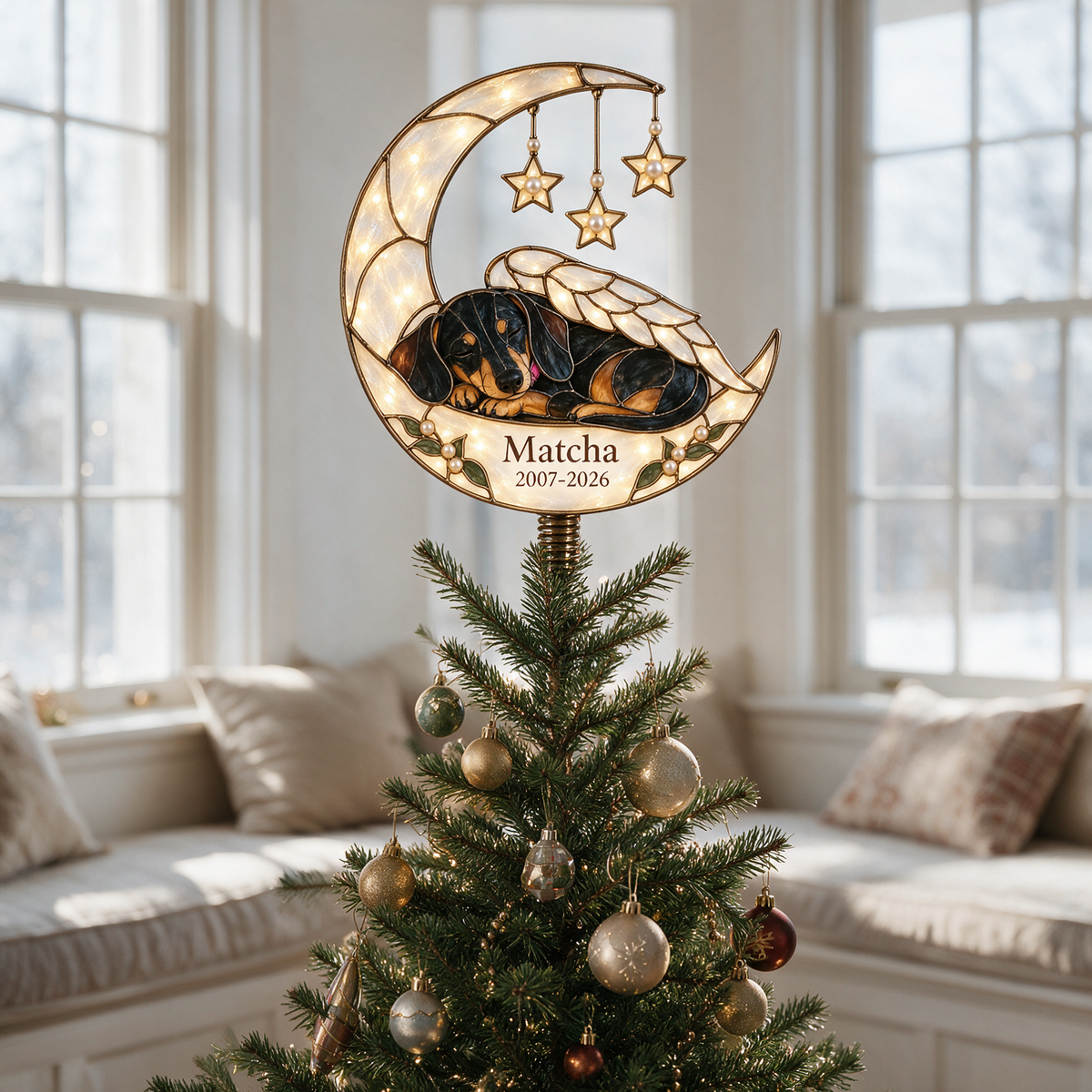 Personalisierter Hundegedenk-Crescent-Moon-Weihnachtsbaumspitze