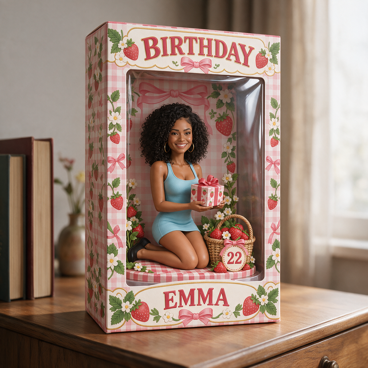 Boîte à fenêtre d'anniversaire personnalisée - Figurine portrait fraise, nom et âge