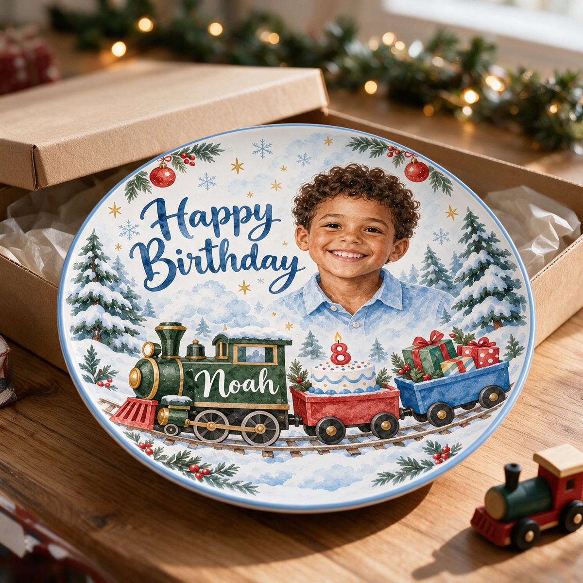 Assiette en céramique de train de Noël personnalisée - Portrait aquarelle d'anniversaire, nom et âge personnalisés
