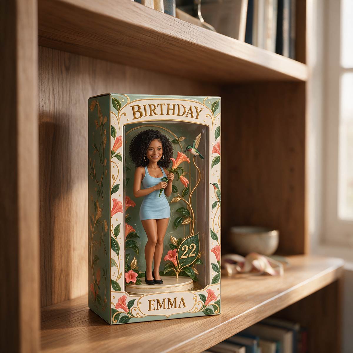 Boîte d'Affichage d'Anniversaire Personnalisée - Figurine Portrait avec Colibri, Nom et Âge