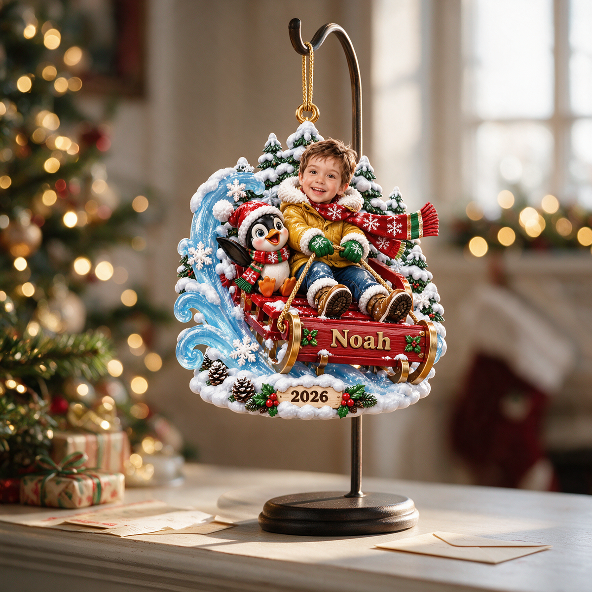 Personalized Custom Photo Sledding 3D Ornament - 2026 Christmas Gift for Boys