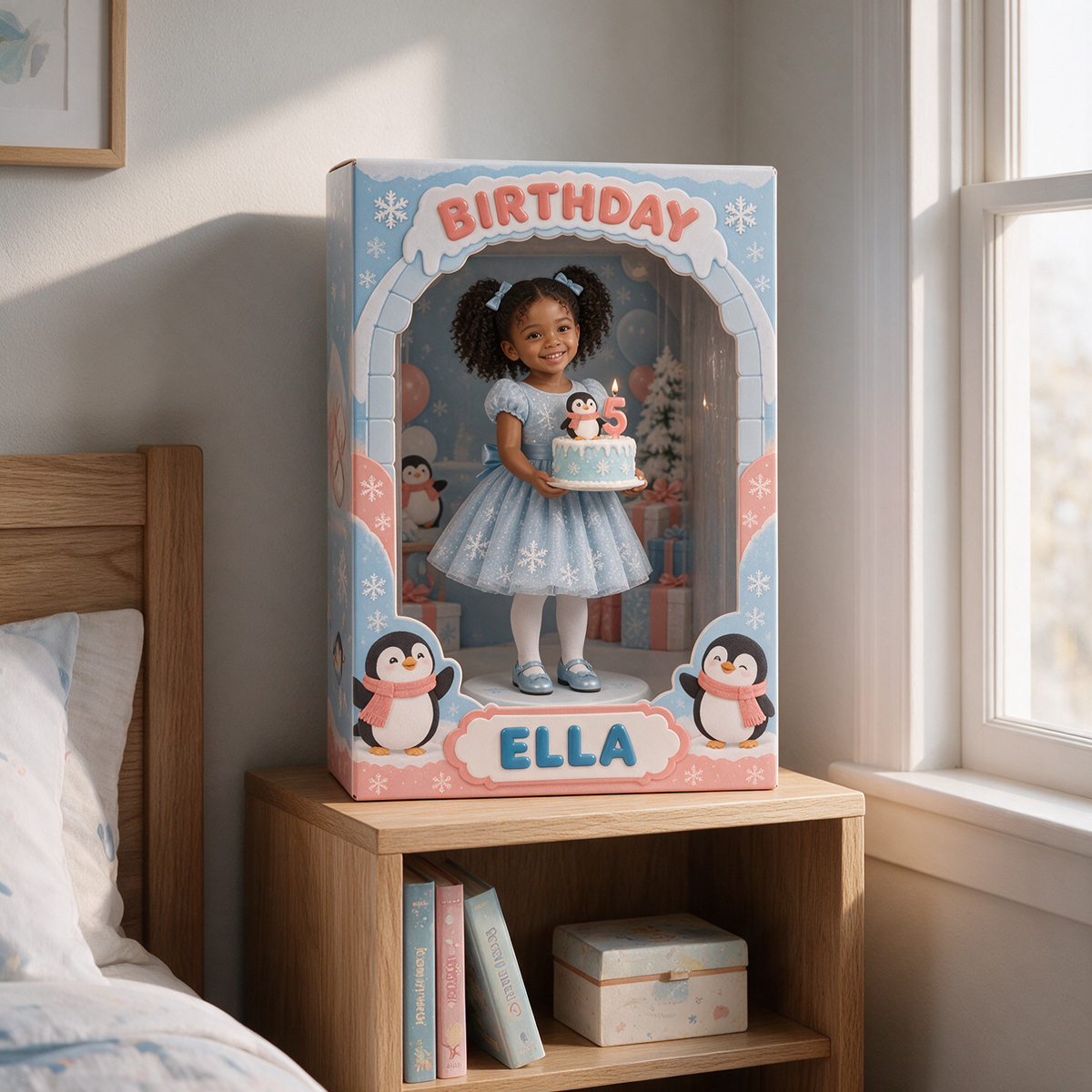 Personalisierte Acryl-Displaybox mit Foto-Pinguin - 5. Geburtstag Geschenk für Mädchen