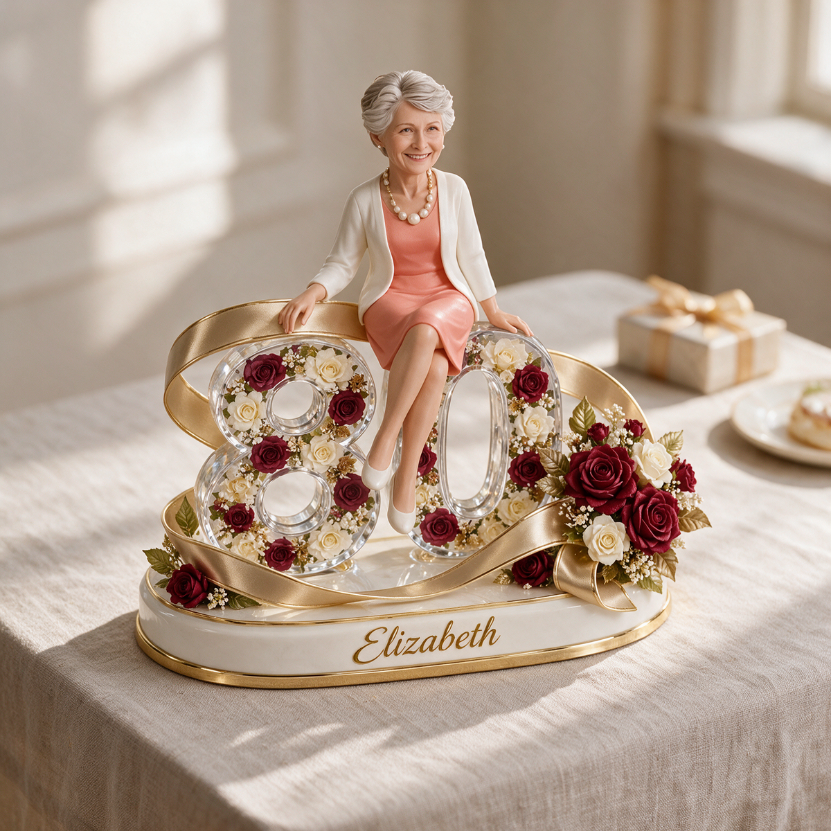 Personalisierte Geburtstagsfigur - Individuelles Porträt, Rose und Schleifen-Geschenk