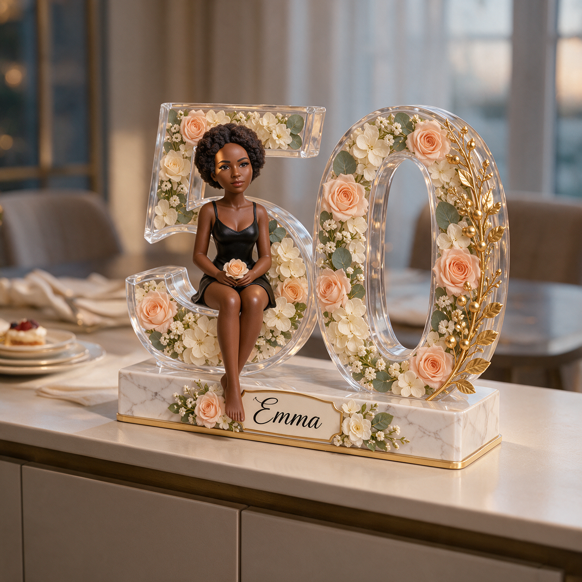 Personalized 50th Birthday Photo Plaque - Floral Acrylic Number Decoration for Women