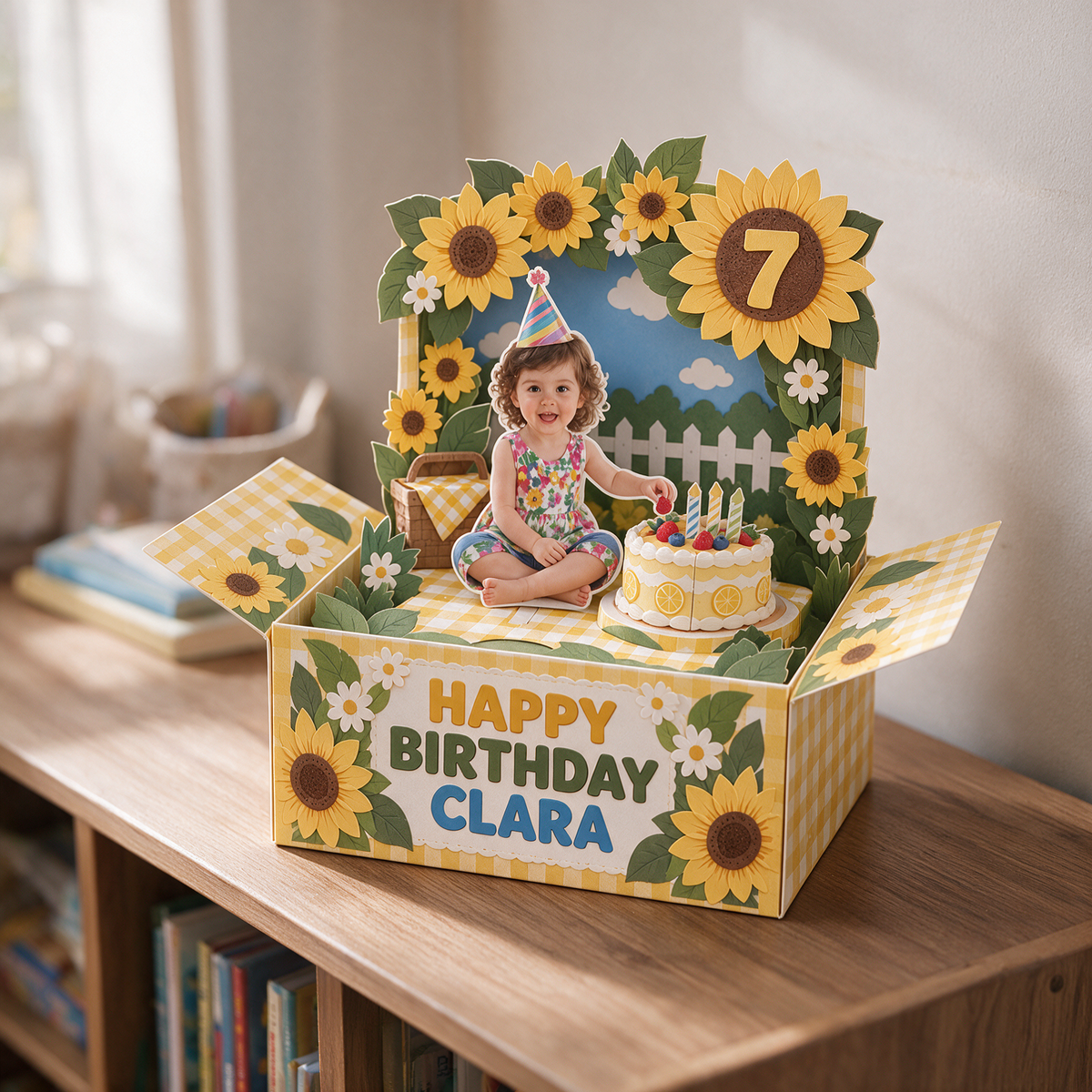 Carte Pop-Up Personnalisée Tournesol - Gâteau d'Anniversaire avec Photo, Nom et Âge