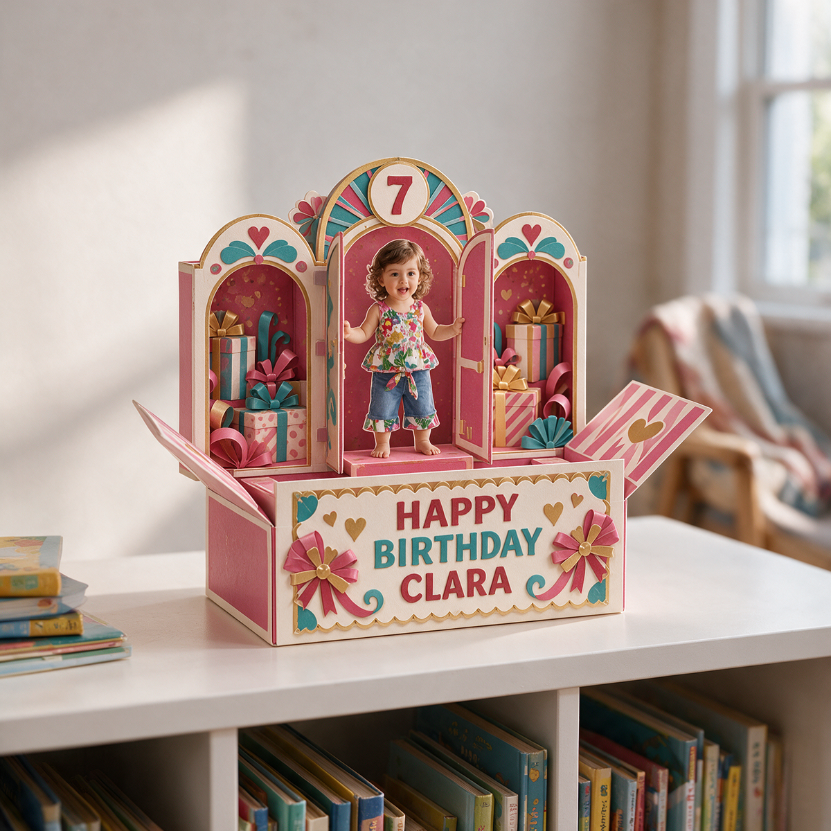 Carte Pop Up d'Anniversaire Personnalisée - Fenêtres Arrondies avec Photo, Nom et Âge Personnalisés