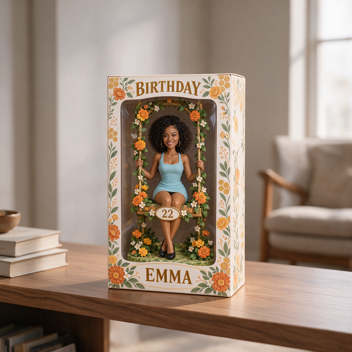 Boîte d'Affichage Florale Personnalisée - Figurine de Portrait d'Anniversaire avec Nom et Âge