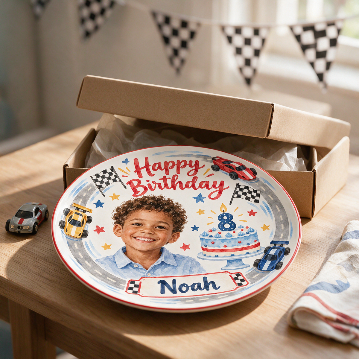 Personalized Race Car Ceramic Plate - Birthday Watercolor Portrait, Custom Name and Age
