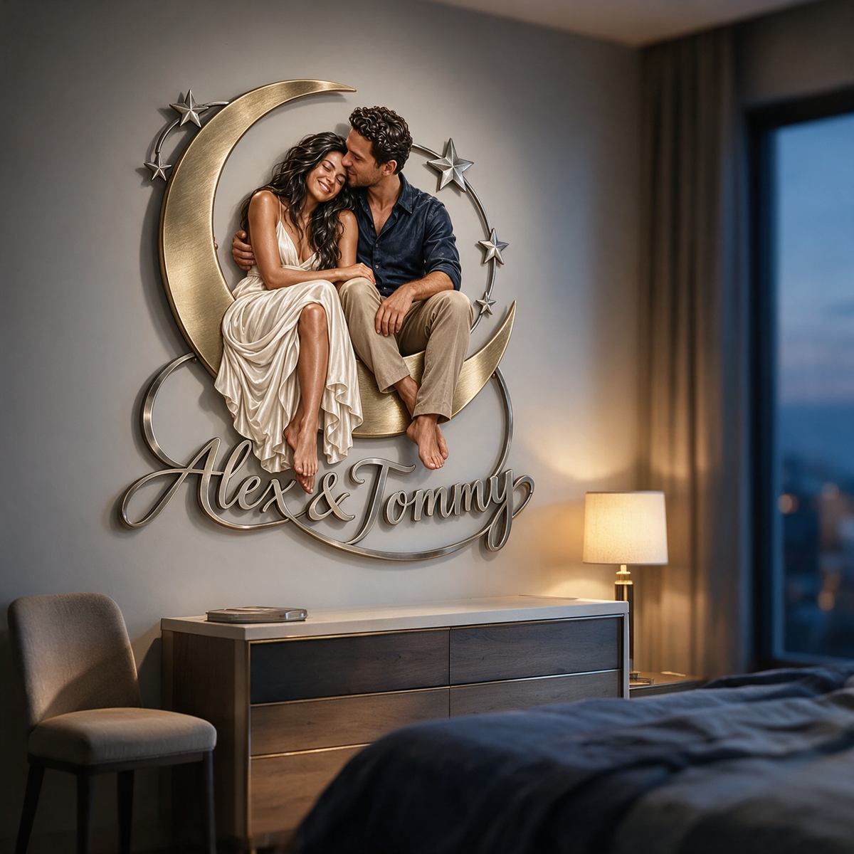 Art mural en métal 3D personnalisé photo lune et étoiles - Cadeau déco chambre pour jeunes couples
