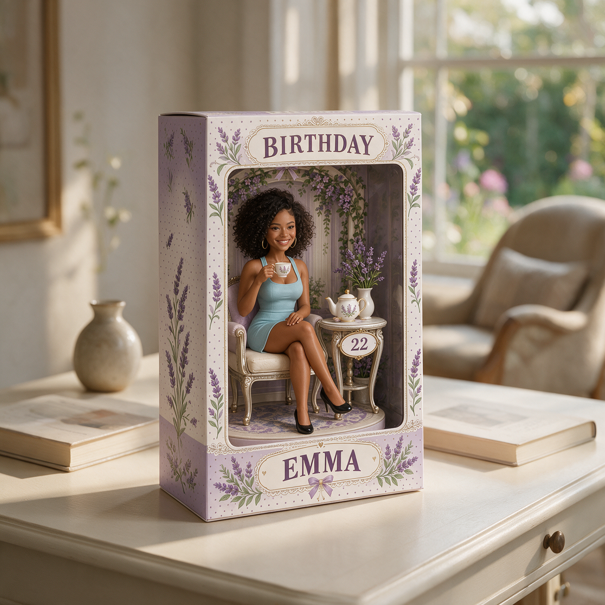 Boîte d'Affichage Figurine d'Anniversaire Personnalisée - Portrait Photo de Thé Lavande avec Nom et Âge Personnalisés