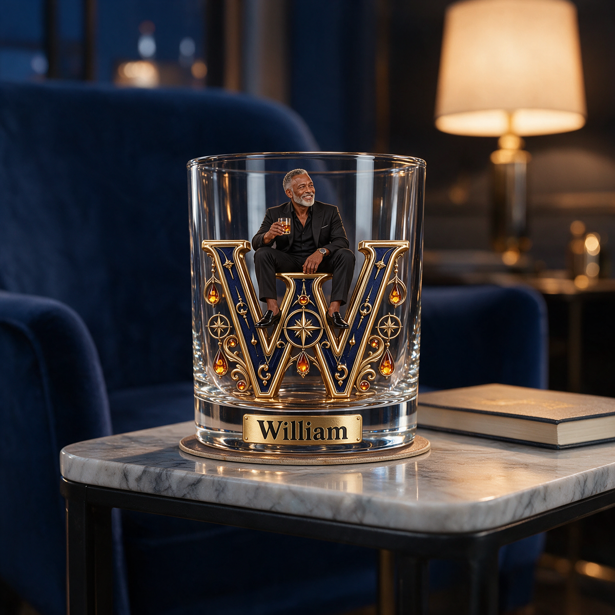 Personalized Custom Photo Celestial Monogram Whiskey Glass - Gift for Older Men Who Love Whiskey