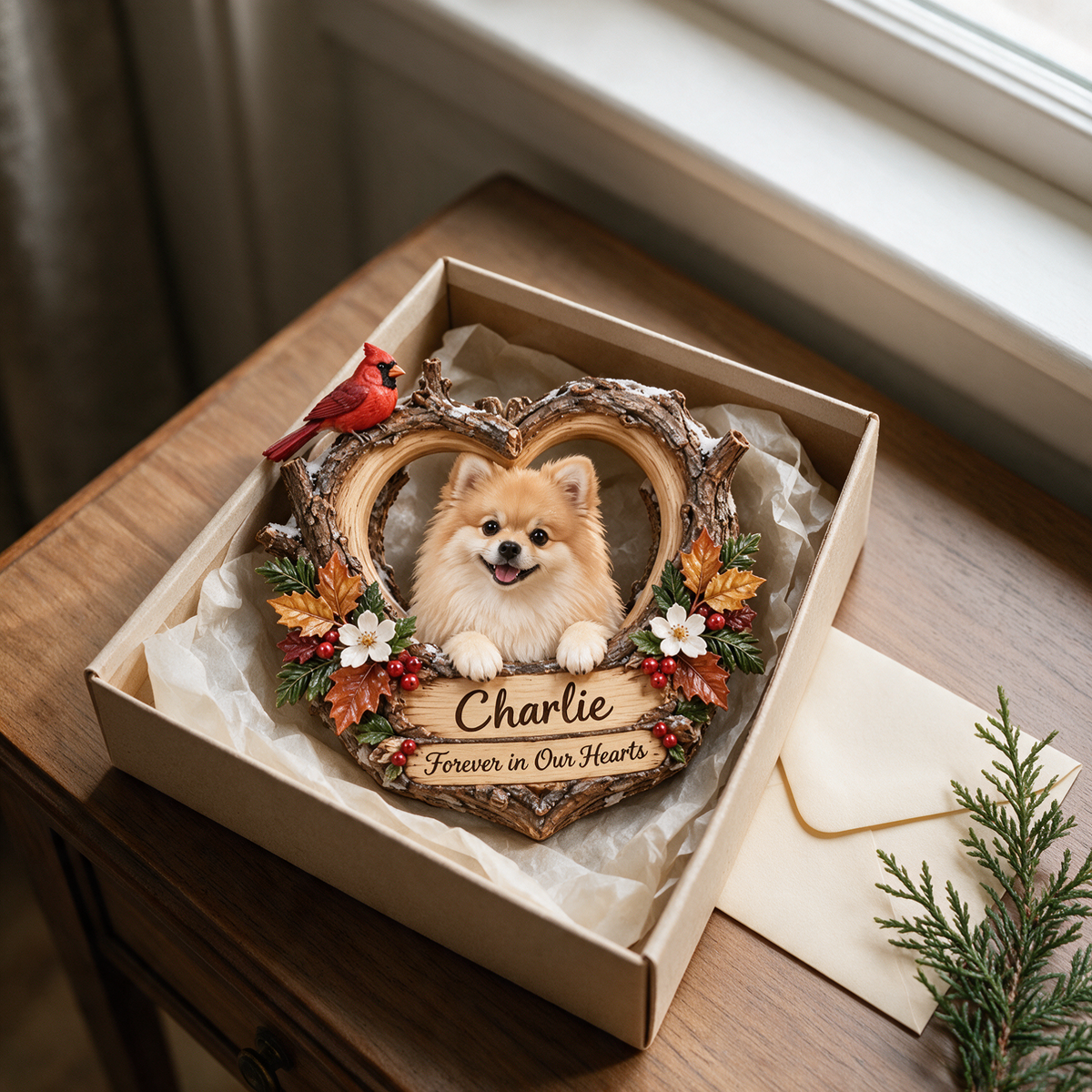 Personalized Custom Photo Pomeranian Memorial 3D Woodland Heart Ornament - Christmas Dog Lover Gift