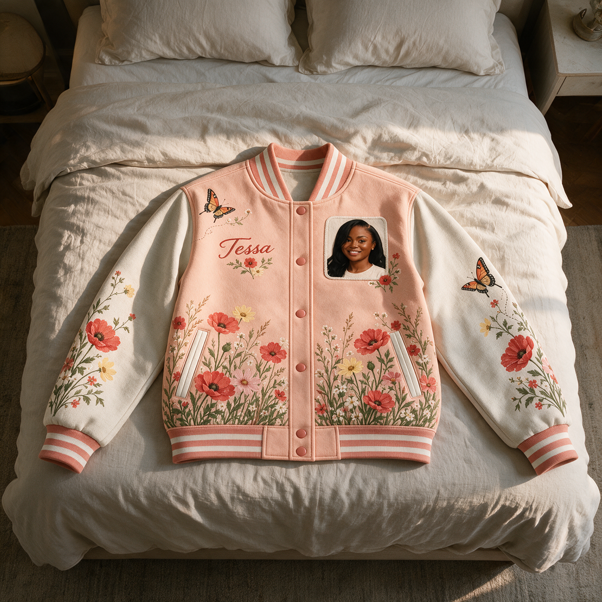 Personalisierte Poppy Meadow Varsity Jacke - Damen Foto und Name Botanisches Design