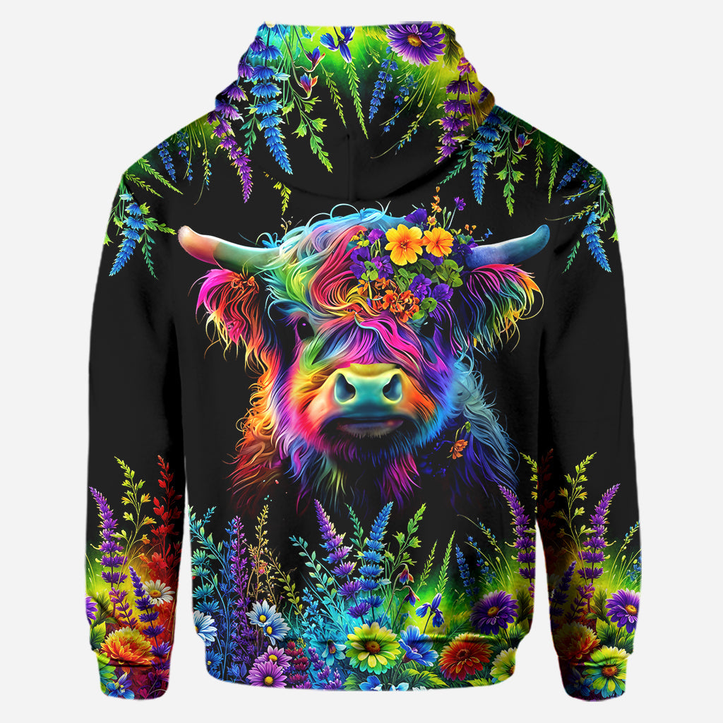 Beautiful Neon Highland Cow - Personalized Highland Cow Hoodie and Leggings