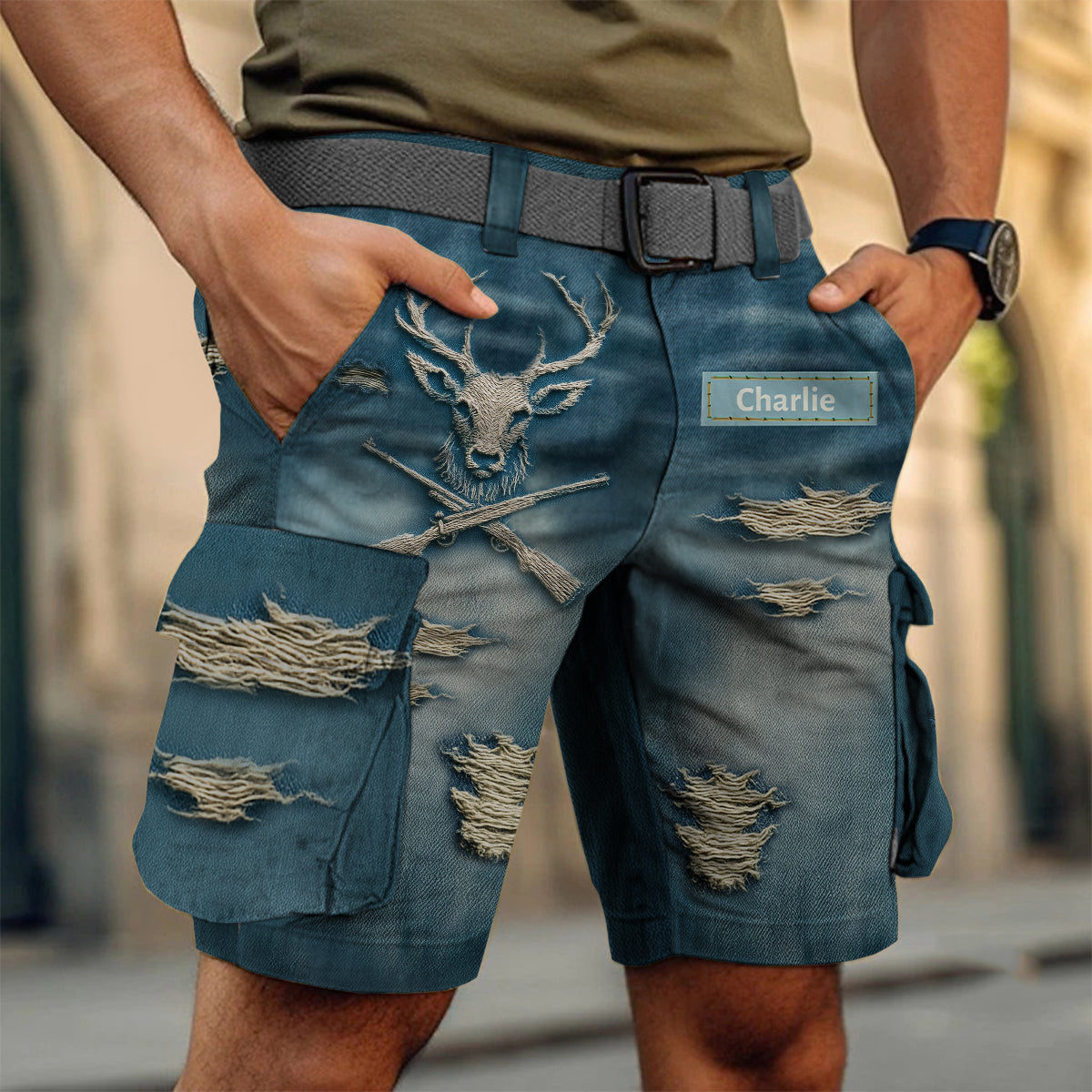 Distressed Hunting Gift - Personalized Hunting Cargo Shorts With Belt