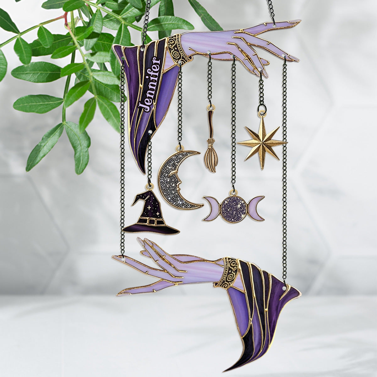 Magical Witch Hands - Personalized Witch Window Hanging Suncatcher With Charms