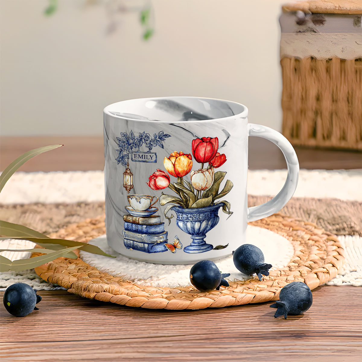 Nostalgic Tulips, Books, And Tea - Personalized Book Marble Mug