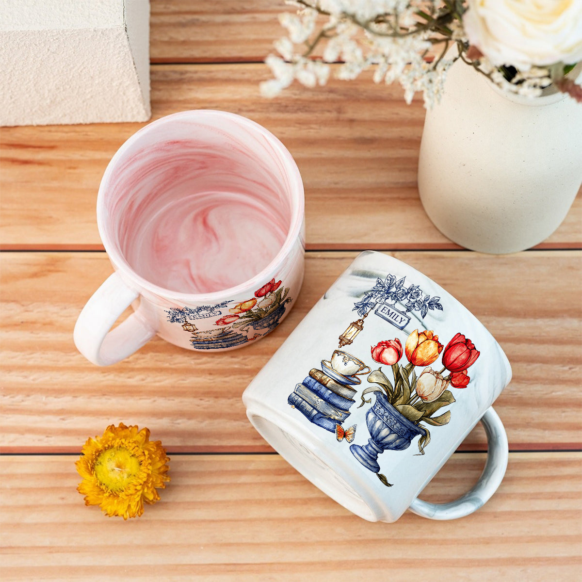 Nostalgic Tulips, Books, And Tea - Personalized Book Marble Mug