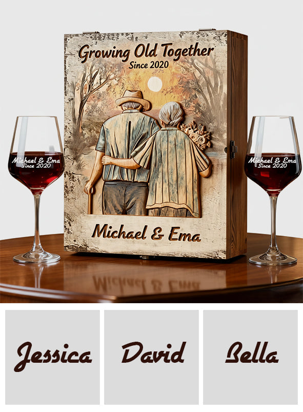Growing Old Together - Personalized Couple Wine Glasses Set With Wooden Box