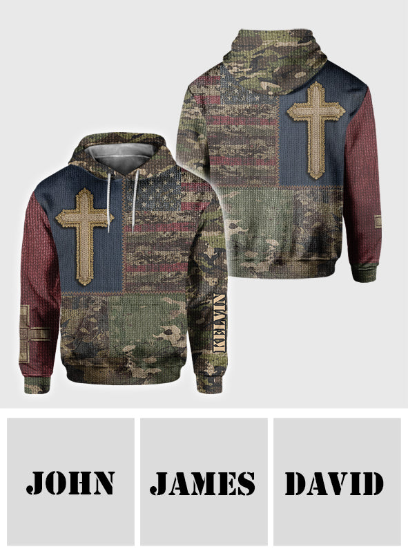 Hoodie mit Allover-Print: Amerikanische Flagge, Kreuz und Glaube – Personalisiertes christliches Shirt