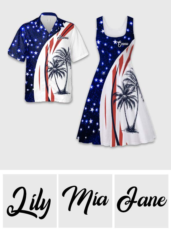 Patriotic American Flag Coconut Tree Print Matching Hawaii Beach Outfit For Couples - Personalized Couple Hawaiian Shirt & Sleeveless Dress