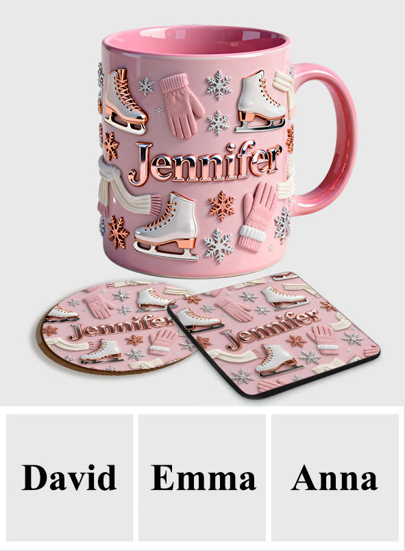 Eislaufen macht mich glücklich – Personalisierte Tasse und Untersetzer mit Eislaufmotiv