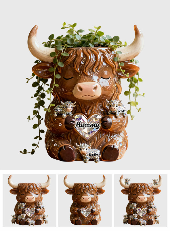 Landleben – Personalisierte Acryl-Blumenvase in Form eines Hochlandrindes