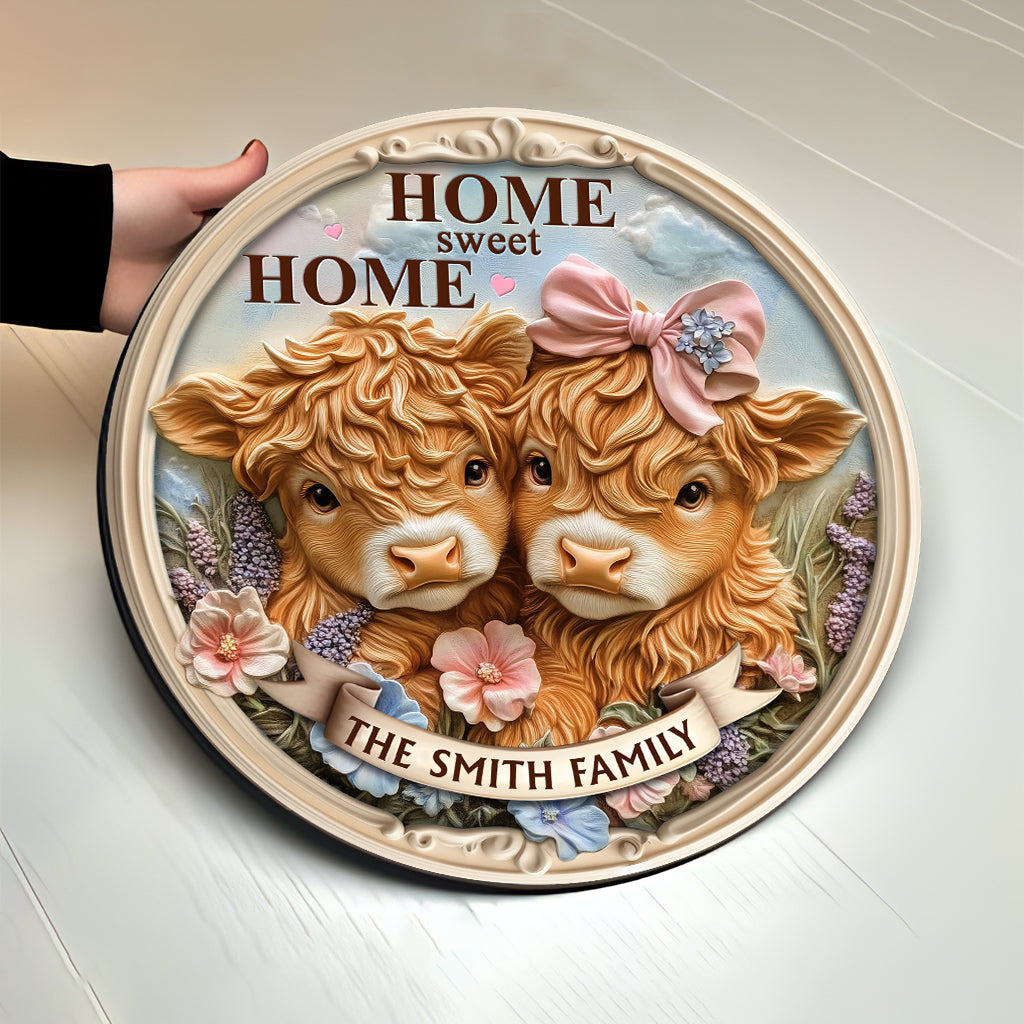 Home Sweet Home, Cute Baby Highland Cow - Personalized Family Round Wood Sign