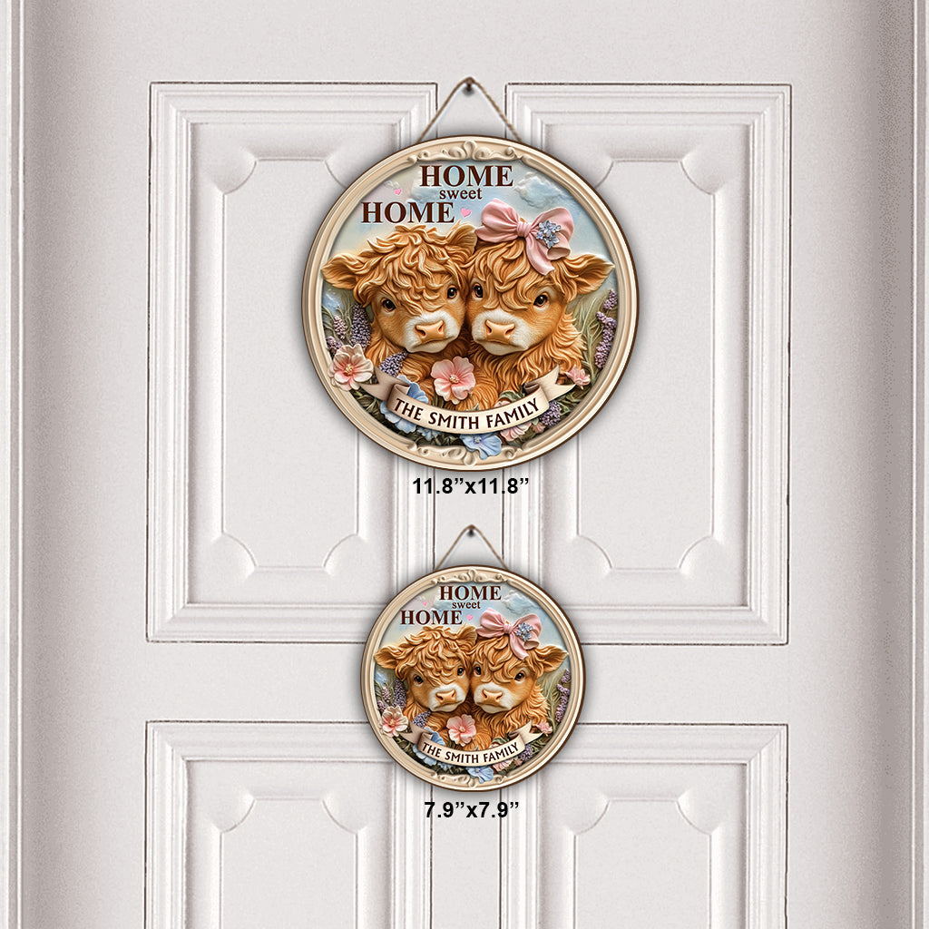 Home Sweet Home, Cute Baby Highland Cow - Personalized Family Round Wood Sign