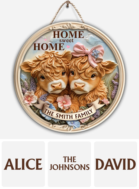 Home Sweet Home, Cute Baby Highland Cow - Personalized Family Round Wood Sign