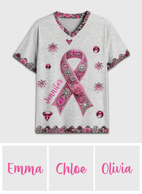 Sensibilisation au cancer du sein - T-shirt à col en V entièrement imprimé et personnalisé pour la sensibilisation au cancer du sein