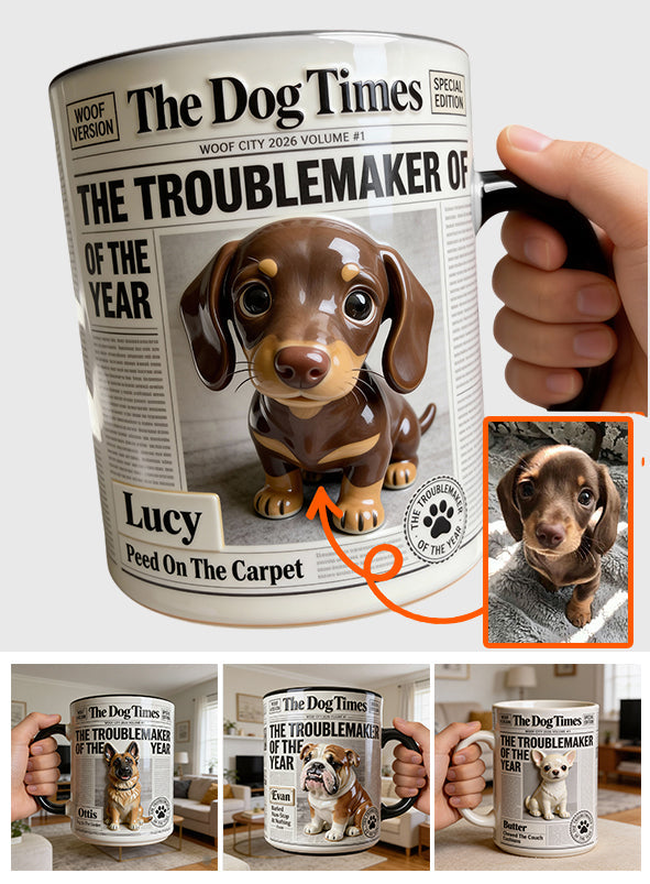 Der Unruhestifter des Jahres – Personalisierte Tasse mit Hundemotiv