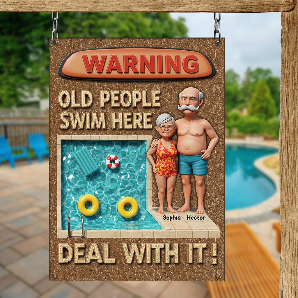 Warning Old People Swim Here - Personalized Couple Rectangle Metal Sign