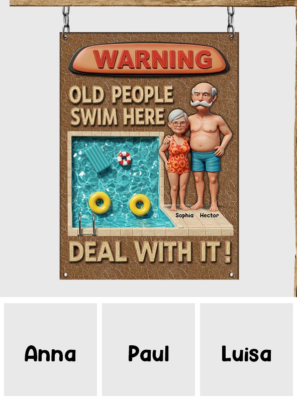 Warning Old People Swim Here - Personalized Couple Rectangle Metal Sign