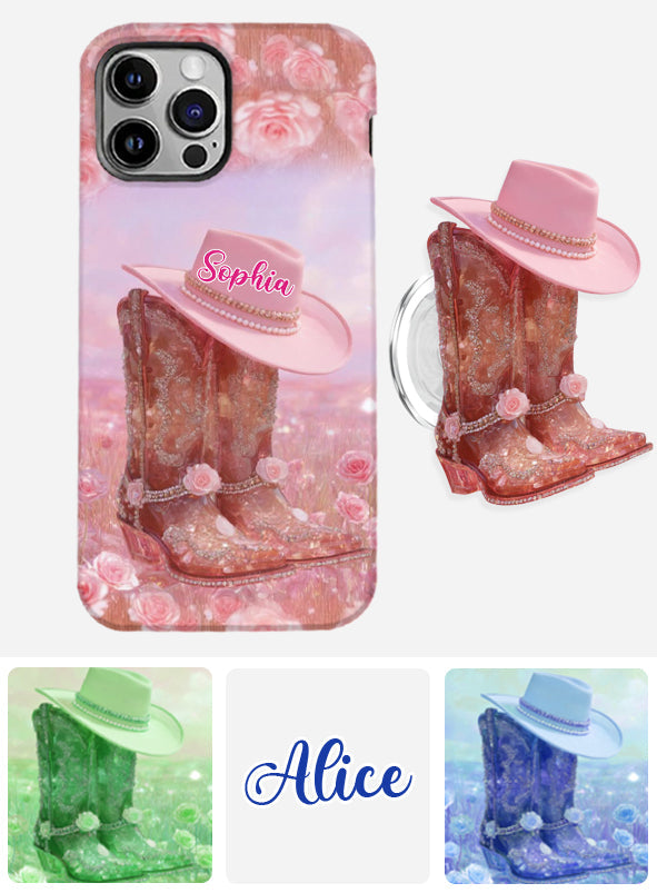 Coque de téléphone et support pour téléphone personnalisés avec imprimé intégral « Cowgirl florale »