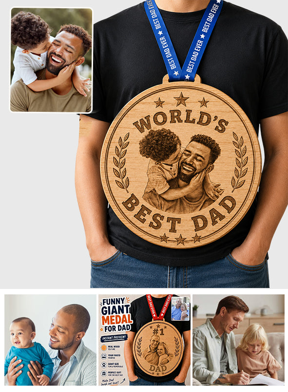 Lustige Medaille Weltbester Papa Individuelles Foto - Personalisierte Holzschild mit Schleife