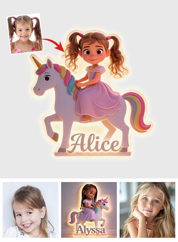 Panneau lumineux LED personnalisé Princesse Licorne à partir d'une photo - Enseigne en acrylique pour enfant - Modèle Licorne Princesse - Panneau lumineux LED personnalisé -