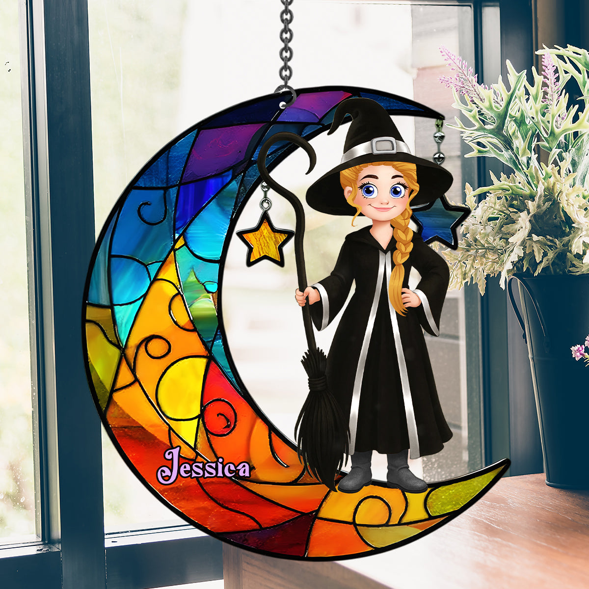 Beautiful Witch And Moon - Personalized Witch Window Hanging Suncatcher Ornament