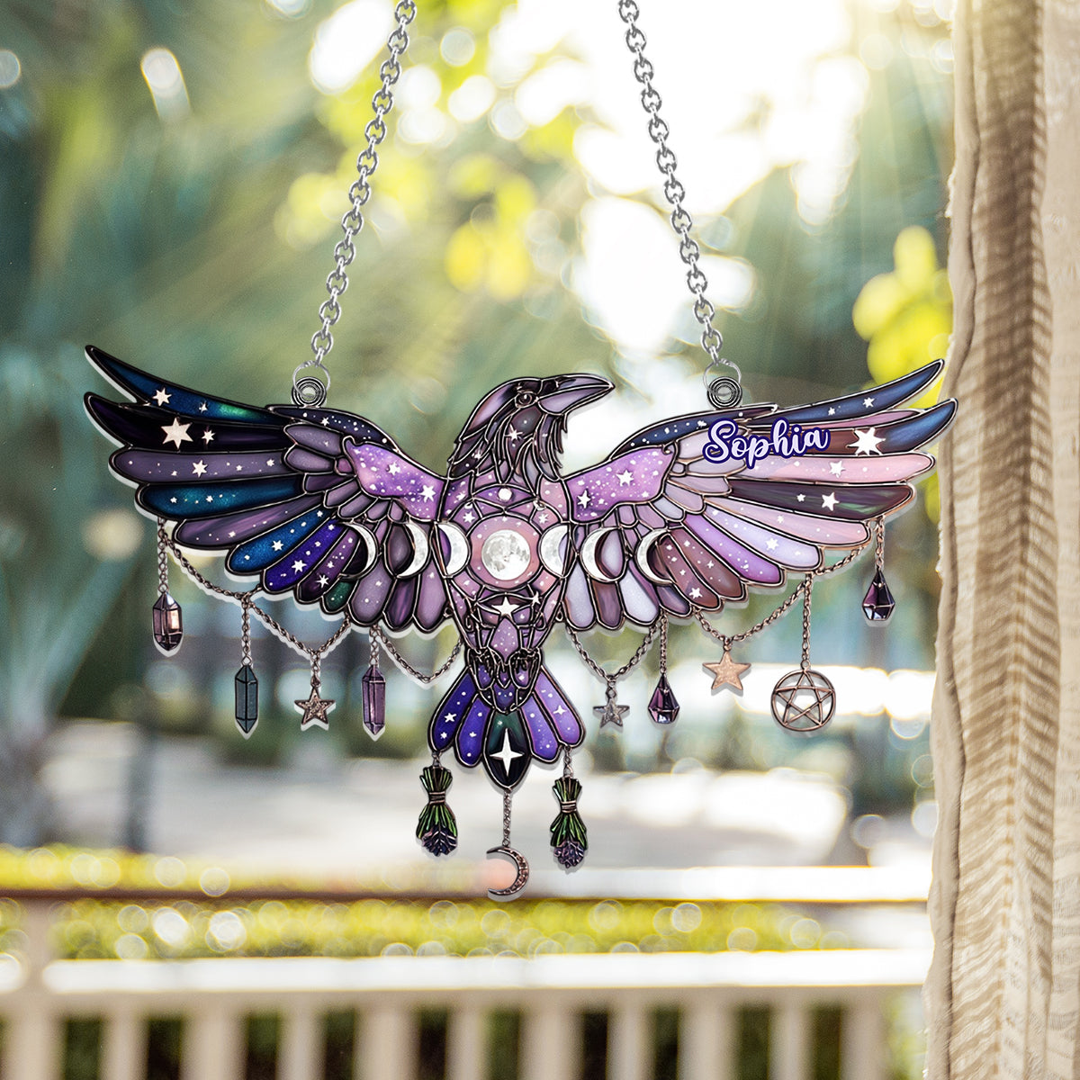 Moon Phrase Raven Window Decor - Personalized Witch Window Hanging Suncatcher Ornament