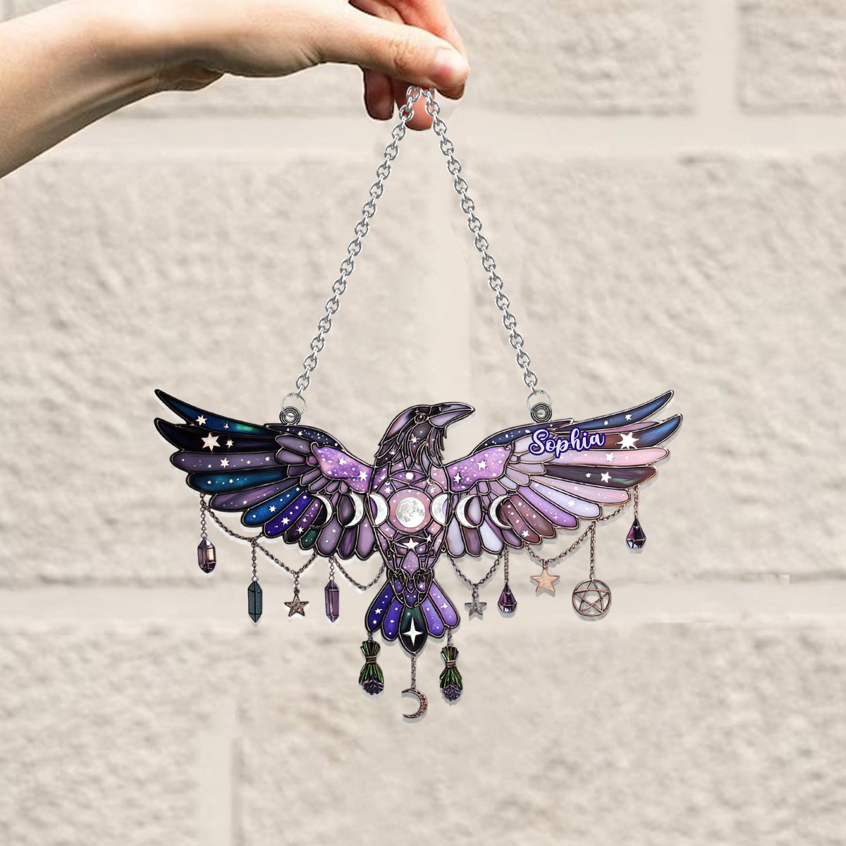 Moon Phrase Raven Window Decor - Personalized Witch Window Hanging Suncatcher Ornament