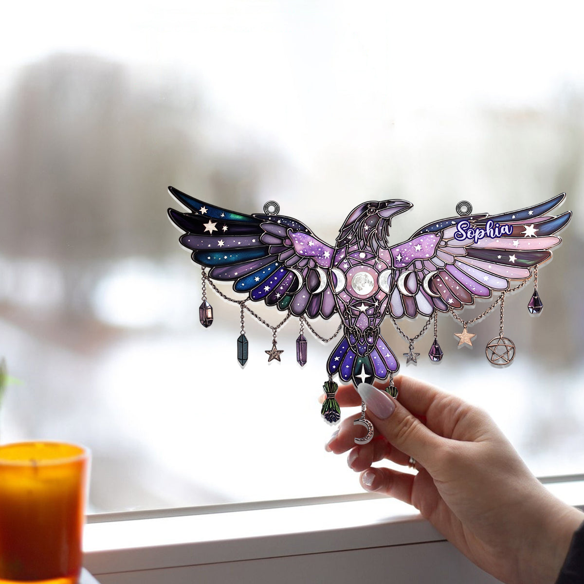 Moon Phrase Raven Window Decor - Personalized Witch Window Hanging Suncatcher Ornament