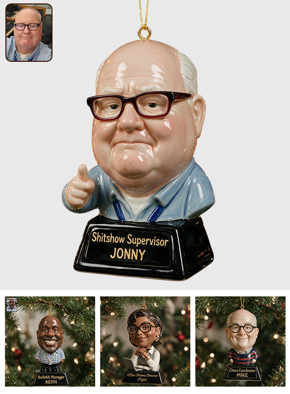 Funny Gift Cartoonish Exaggerated Mascot Caricature Style - Personalized Colleague Custom Shape Ceramic Ornament