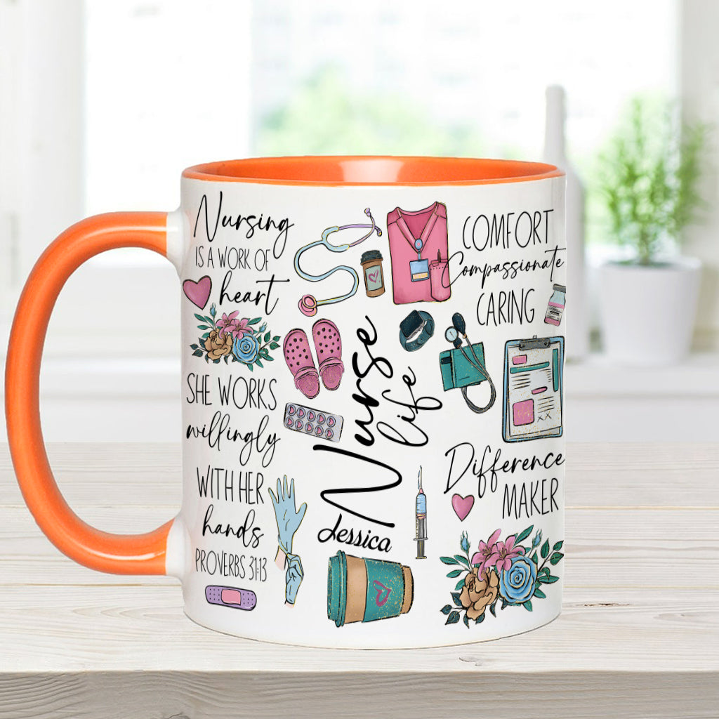 Nursing Is A Work Of Heart - Personalized Nurse Accent Mug