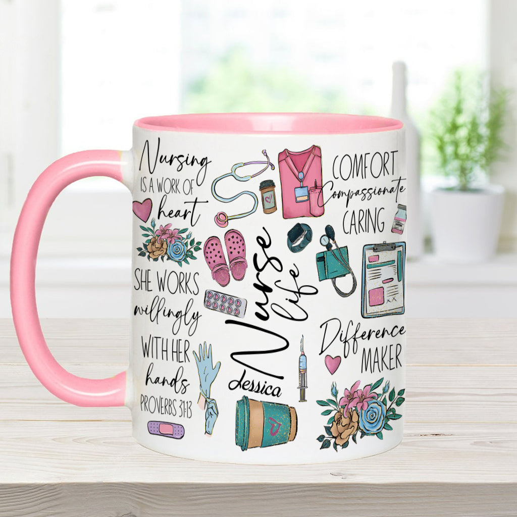 Nursing Is A Work Of Heart - Personalized Nurse Accent Mug