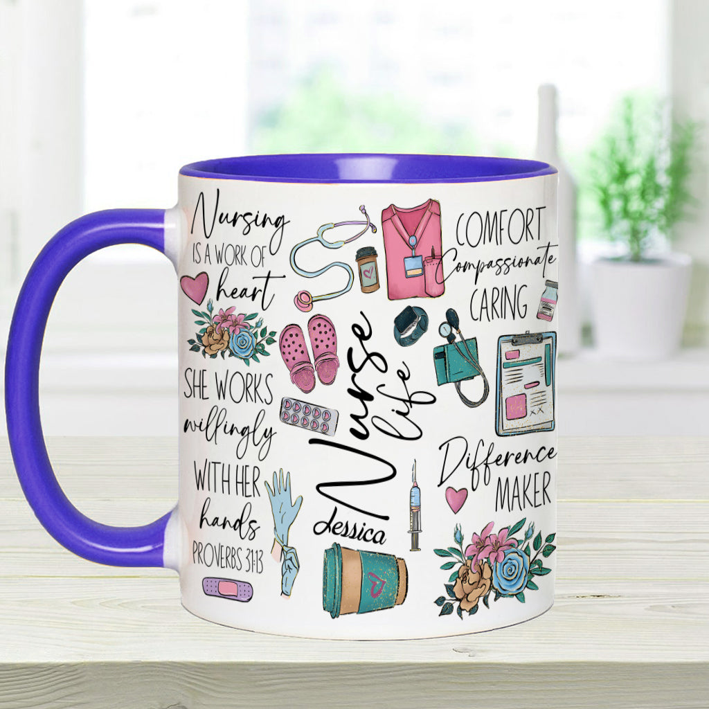Nursing Is A Work Of Heart - Personalized Nurse Accent Mug