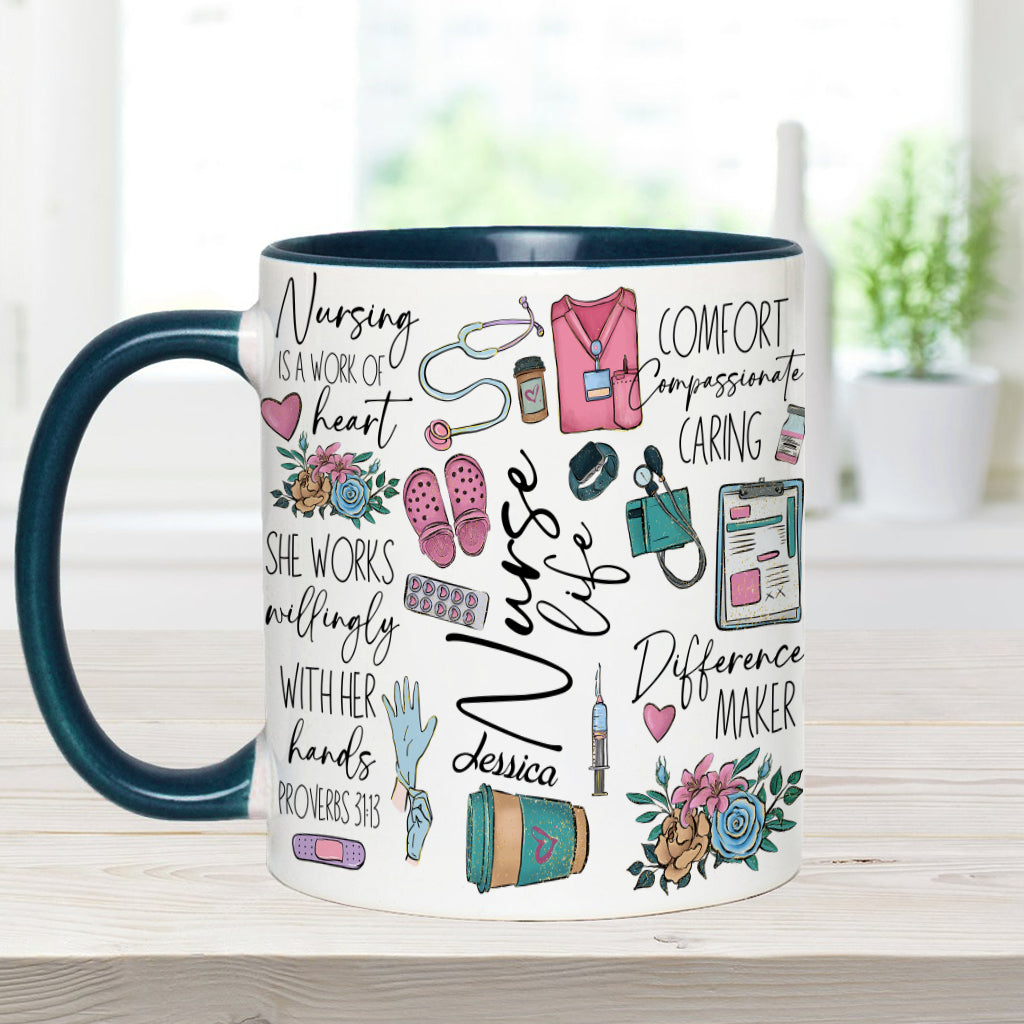 Nursing Is A Work Of Heart - Personalized Nurse Accent Mug