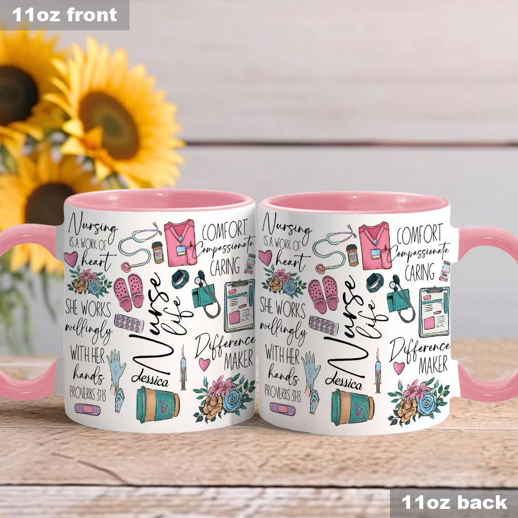 Nursing Is A Work Of Heart - Personalized Nurse Accent Mug